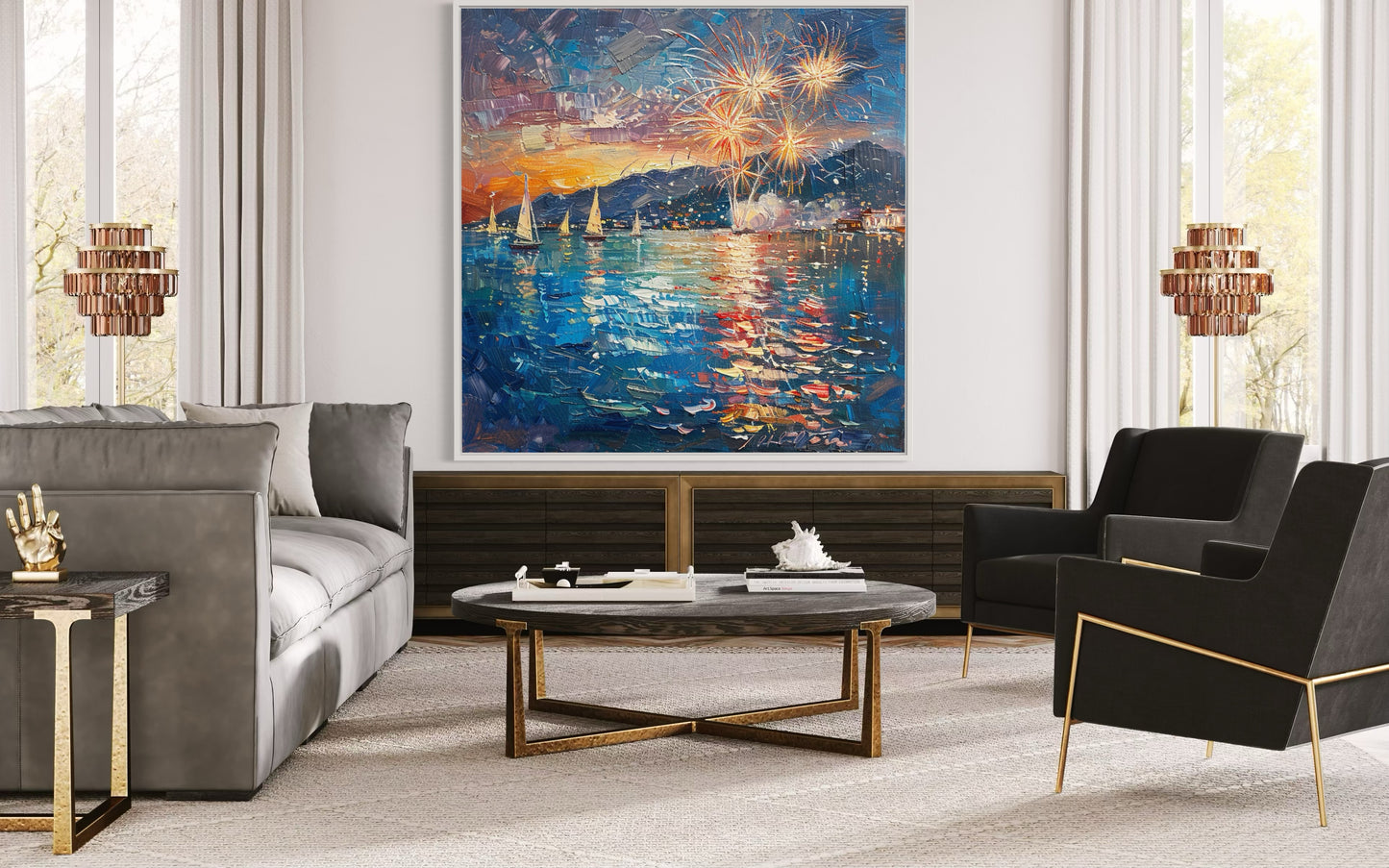 Fireworks in the Night Sky - Modern Oil Painting