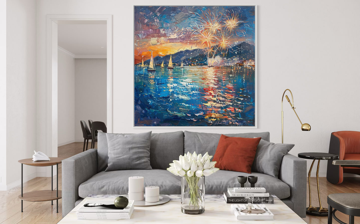 Fireworks in the Night Sky - Modern Oil Painting