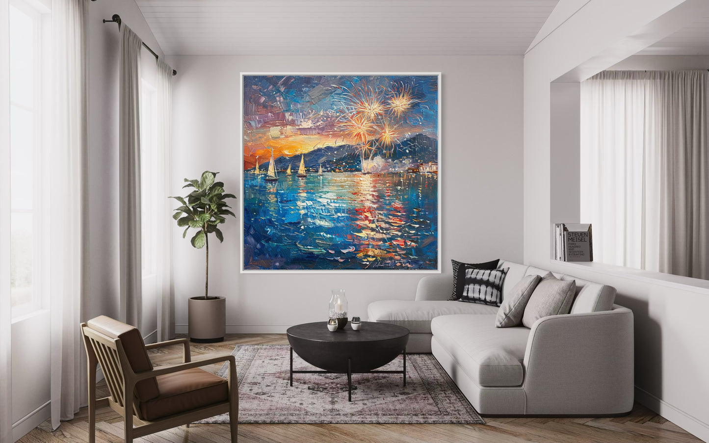 Fireworks in the Night Sky - Modern Oil Painting