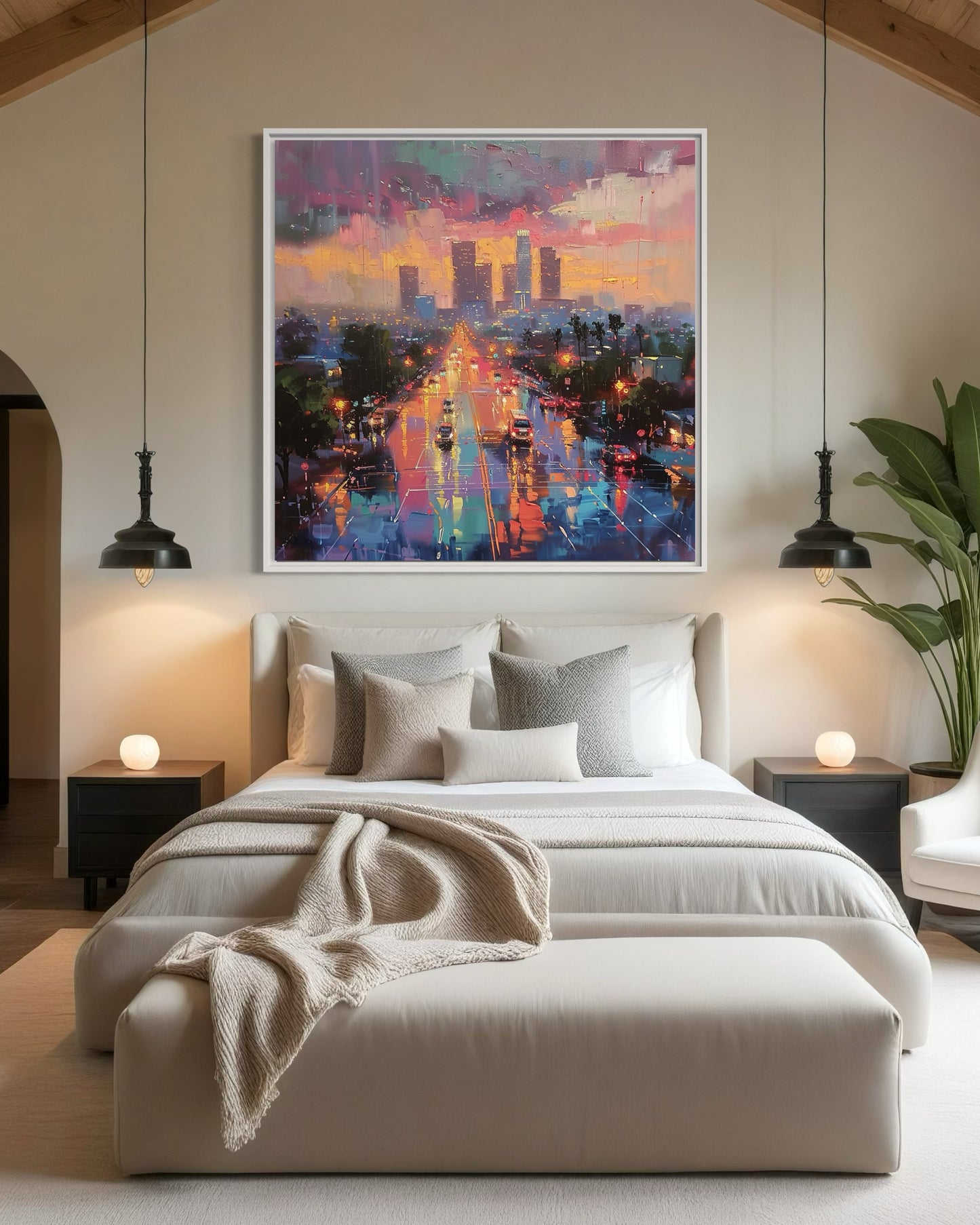 Los Angeles Sunset Cityscape Hand-Painted Canvas Art