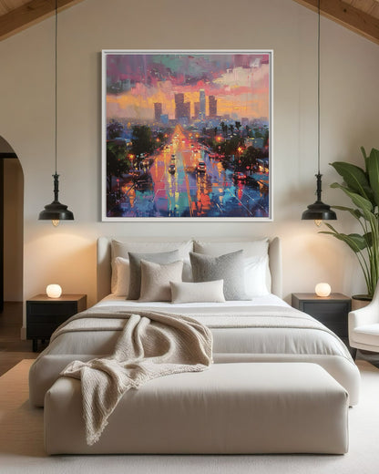 Los Angeles Sunset Cityscape Hand-Painted Canvas Art