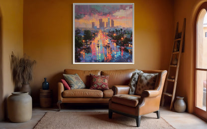 Los Angeles Sunset Cityscape Hand-Painted Canvas Art