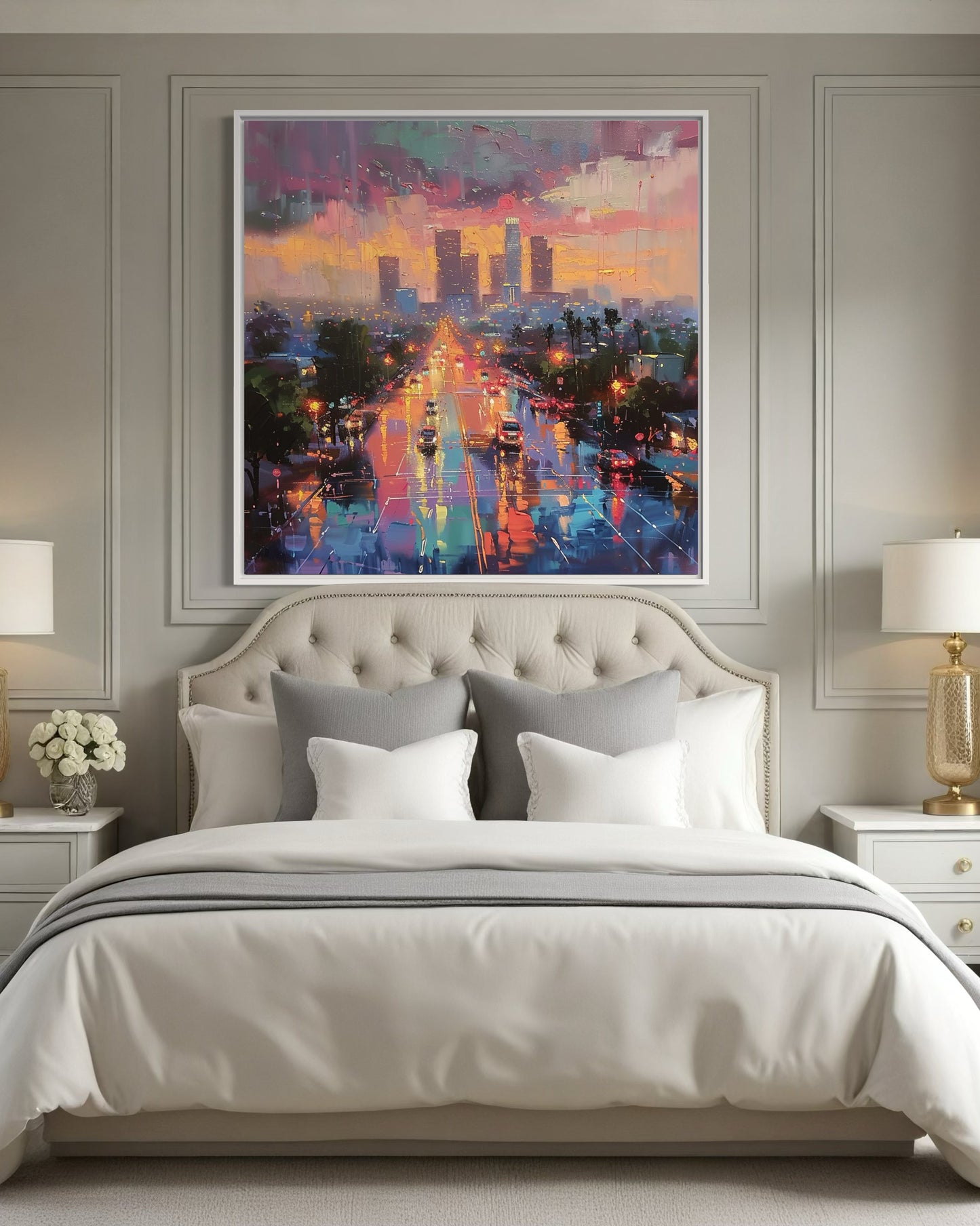 Los Angeles Sunset Cityscape Hand-Painted Canvas Art