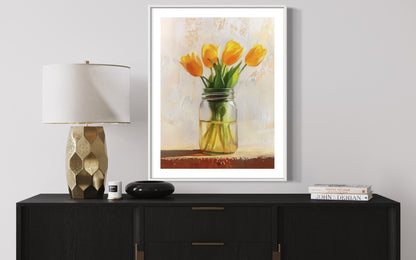 Yellow Tulips in Mason Jar - Bright Floral Oil Painting