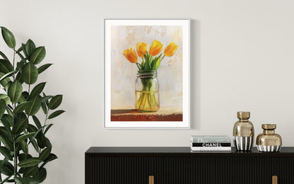 Yellow Tulips in Mason Jar - Bright Floral Oil Painting