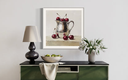 Cherries in Silver - Elegant Still Life Oil Painting