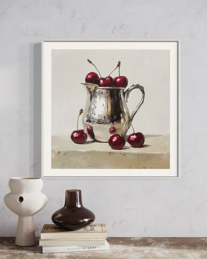 Cherries in Silver - Elegant Still Life Oil Painting