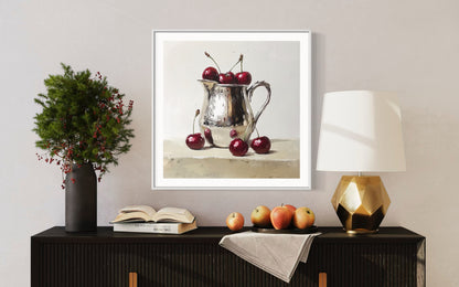 Cherries in Silver - Elegant Still Life Oil Painting