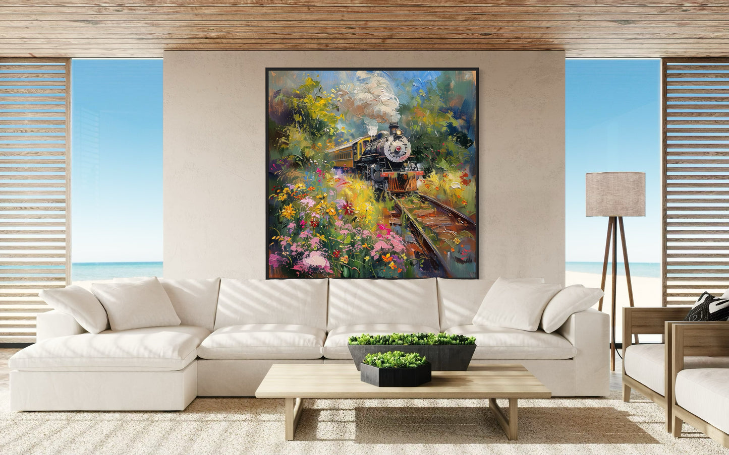 Classic Steam Train with Summer Blossoms