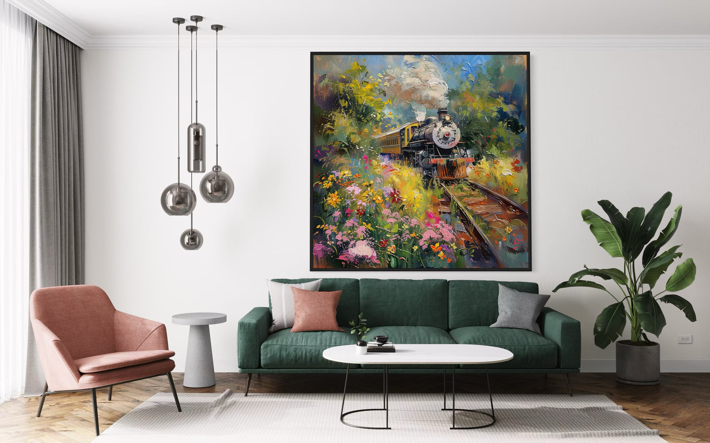 Classic Steam Train with Summer Blossoms