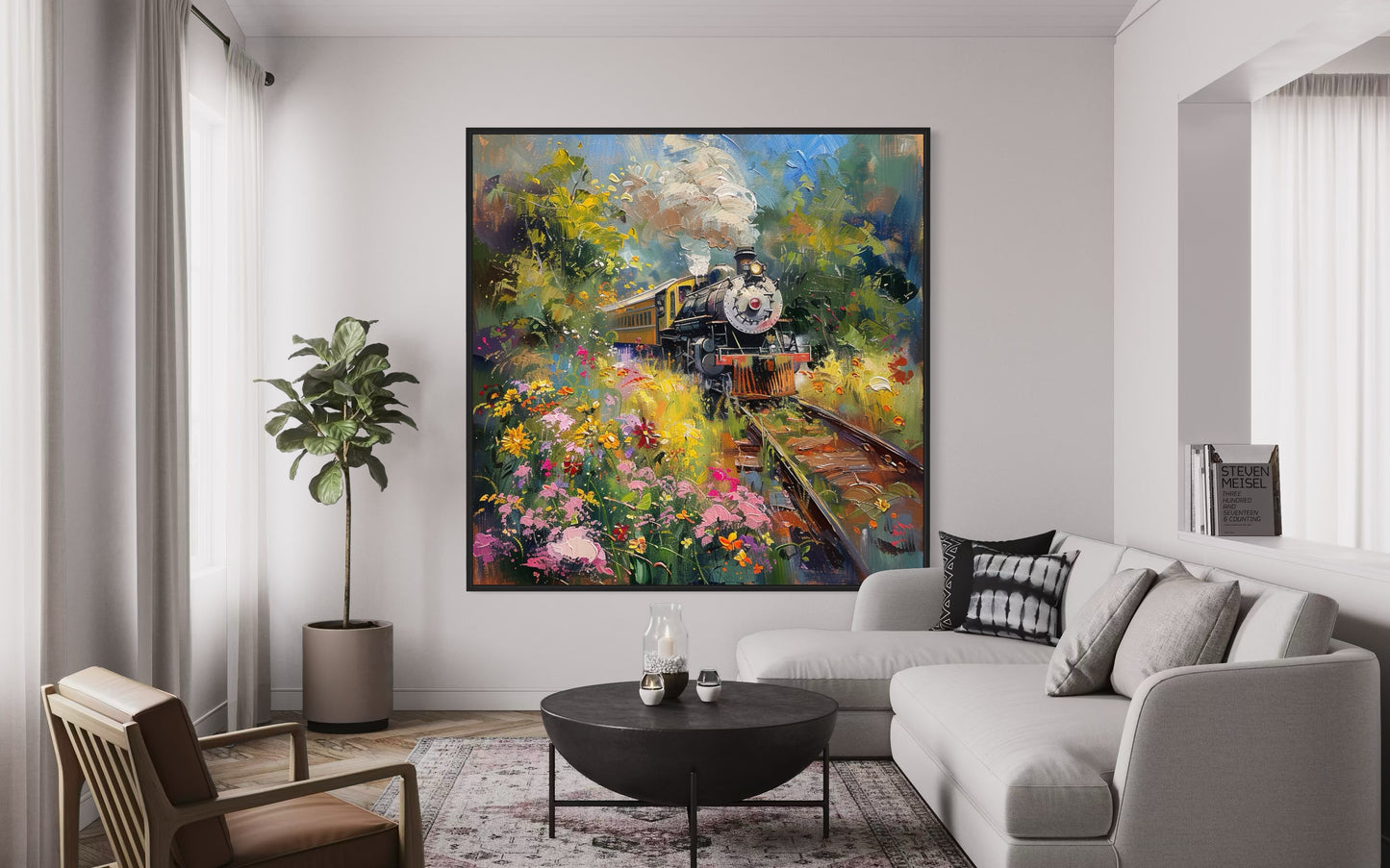 Classic Steam Train with Summer Blossoms