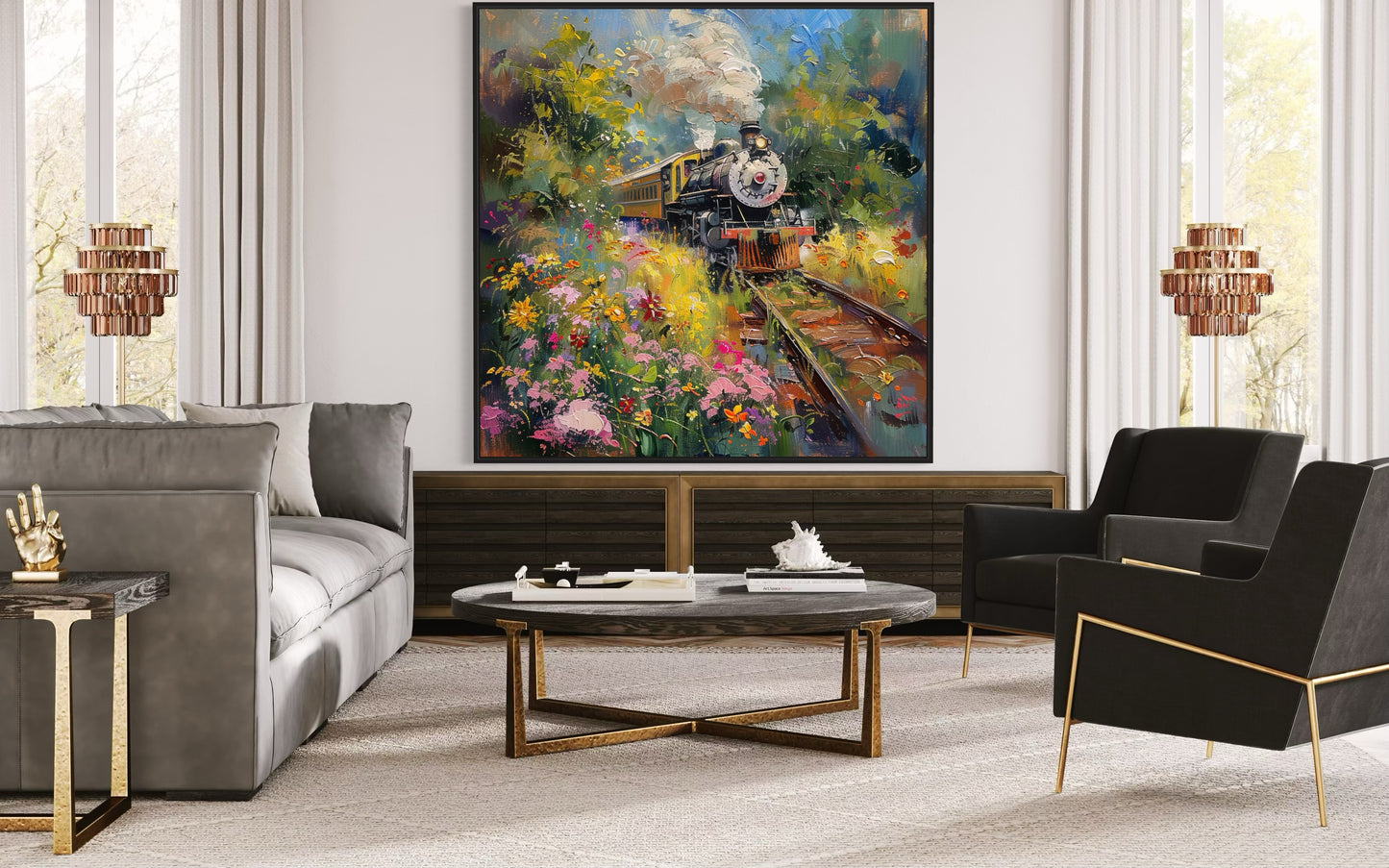 Classic Steam Train with Summer Blossoms