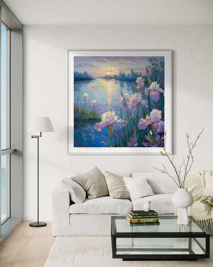 Iris Blooms by the Lake Canvas Oil Painting