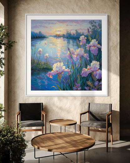 Iris Blooms by the Lake Canvas Oil Painting