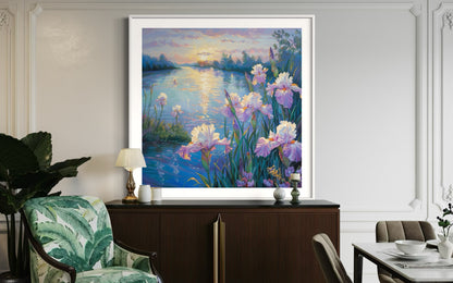 Iris Blooms by the Lake Canvas Oil Painting