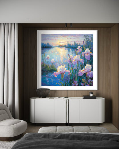 Iris Blooms by the Lake Canvas Oil Painting