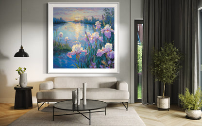 Iris Blooms by the Lake Canvas Oil Painting