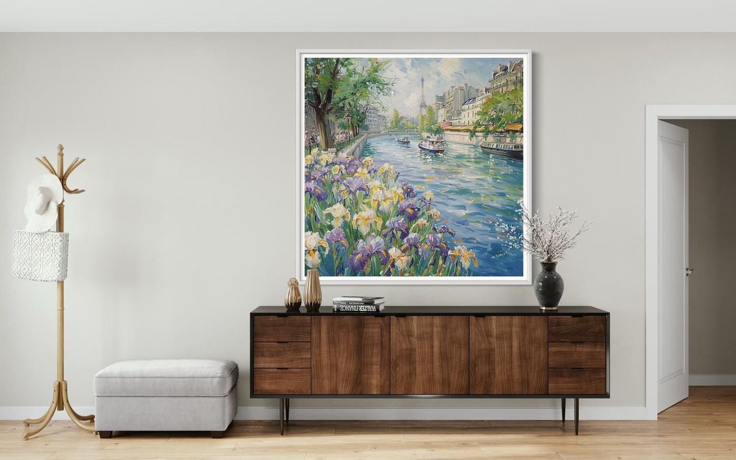 Parisian Riverside with Irises Oil Canvas