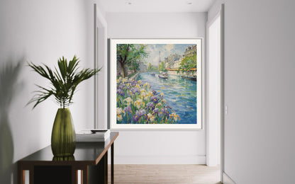 Parisian Riverside with Irises Oil Canvas