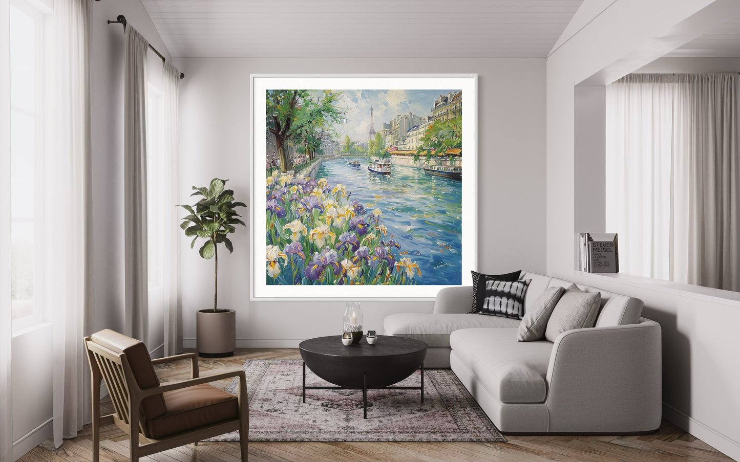 Parisian Riverside with Irises Oil Canvas