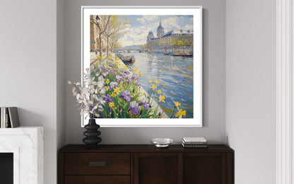 Eiffel Tower Riverside Iris Scene Canvas Art