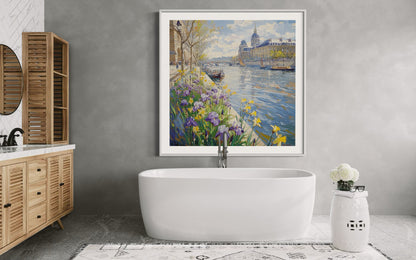 Eiffel Tower Riverside Iris Scene Canvas Art