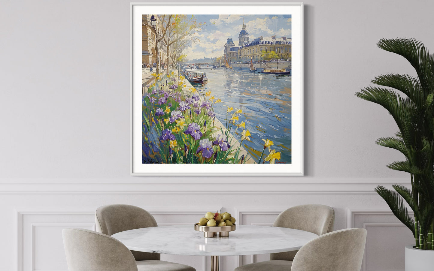 Eiffel Tower Riverside Iris Scene Canvas Art