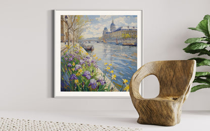 Eiffel Tower Riverside Iris Scene Canvas Art