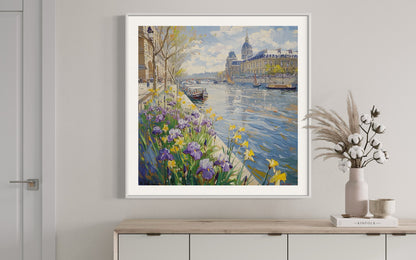 Eiffel Tower Riverside Iris Scene Canvas Art