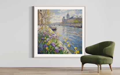 Eiffel Tower Riverside Iris Scene Canvas Art