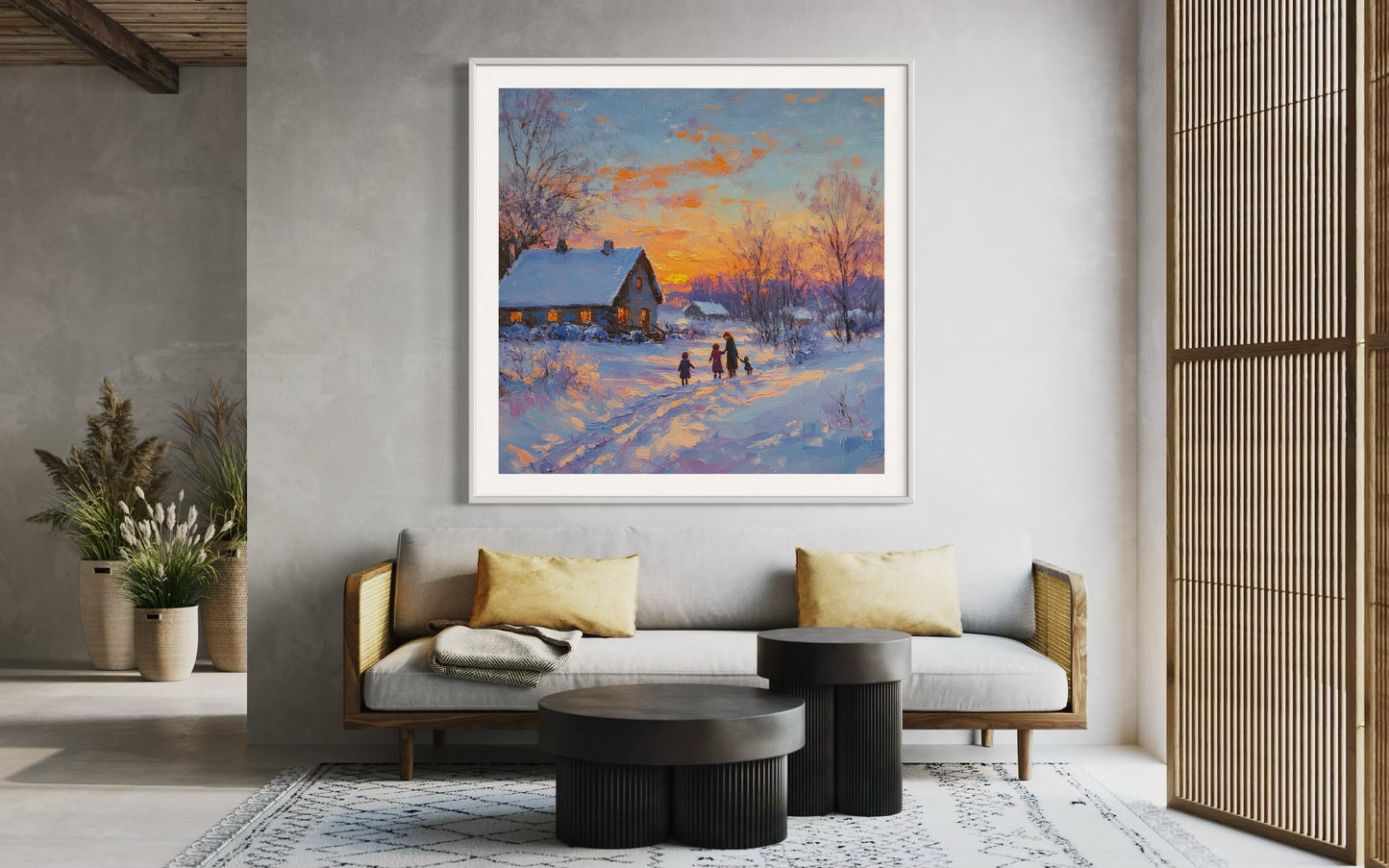 Snowy Sunset Winter Oil Painting | Cozy Cabin Landscape Wall Art | Handmade Living Room Canvas Decor | Holiday Gift Idea