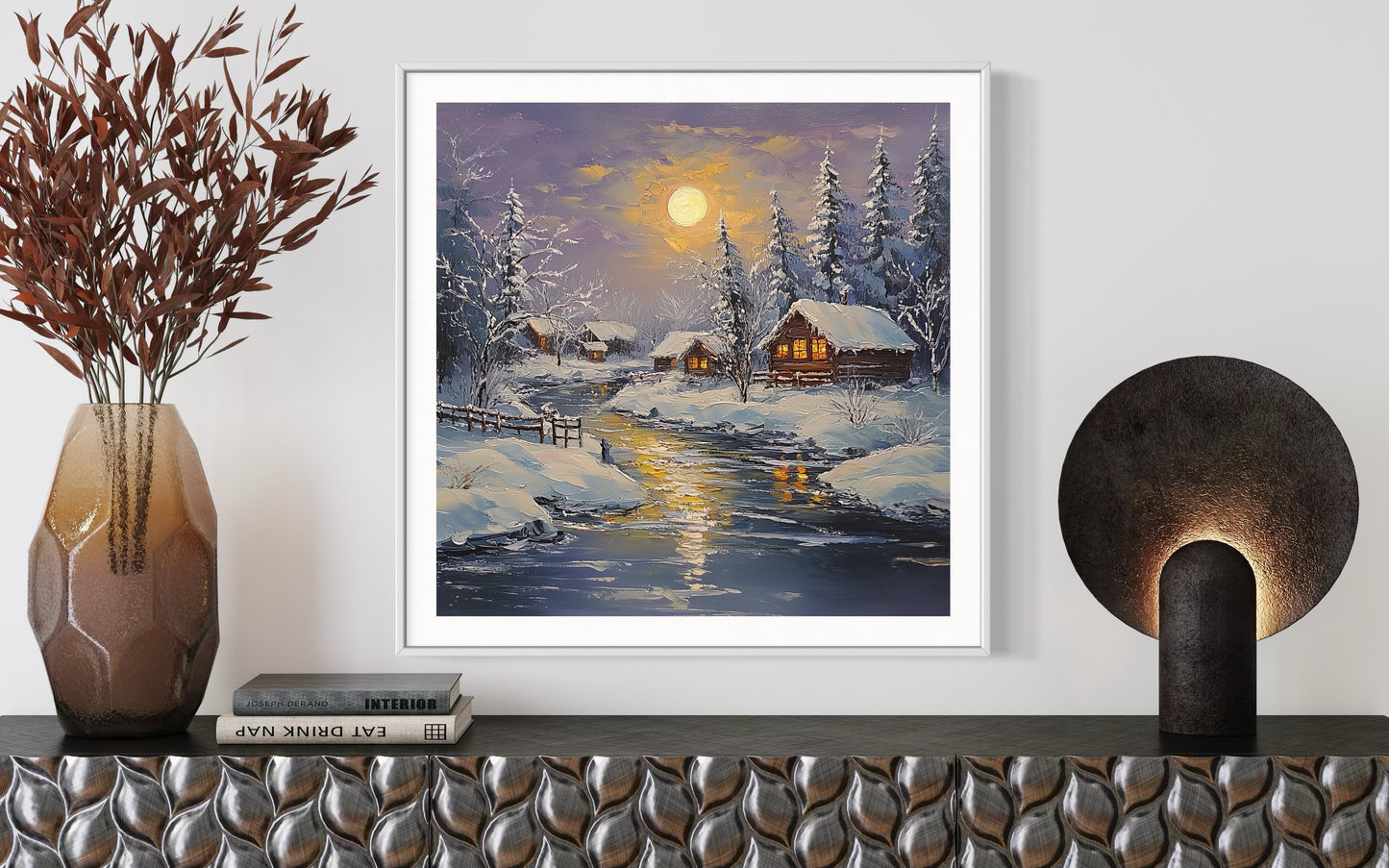 Snowy Sunset Winter Cabin Oil Painting | Cozy Landscape Wall Art | Handmade Canvas for Living Room, Holiday Decor or Gift Idea