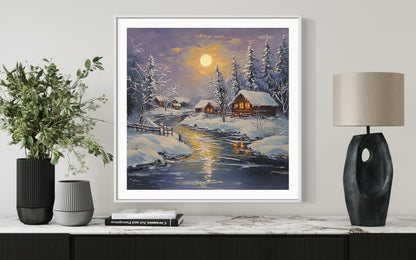 Snowy Sunset Winter Cabin Oil Painting | Cozy Landscape Wall Art | Handmade Canvas for Living Room, Holiday Decor or Gift Idea