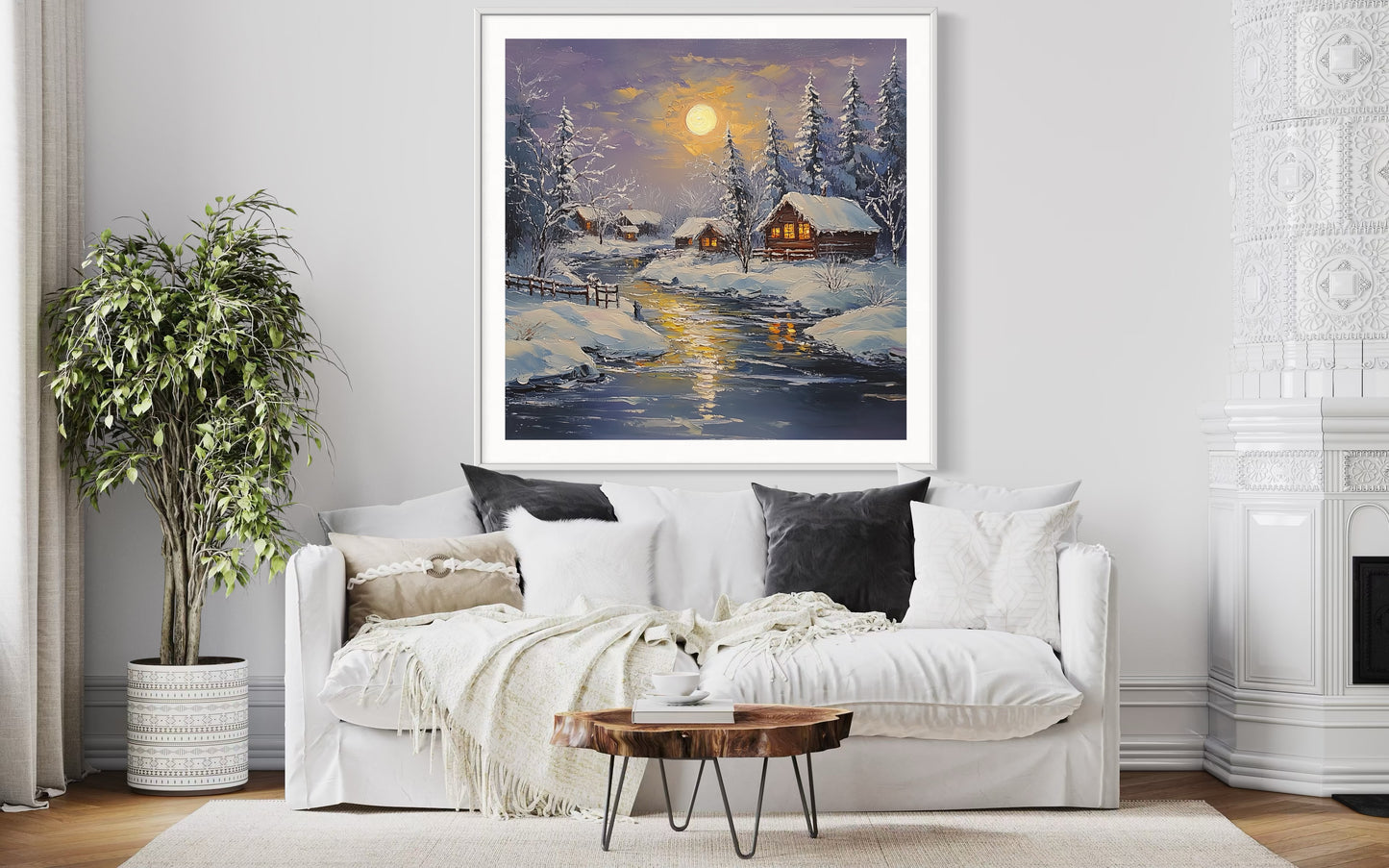 Snowy Sunset Winter Cabin Oil Painting | Cozy Landscape Wall Art | Handmade Canvas for Living Room, Holiday Decor or Gift Idea