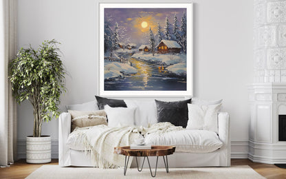 Snowy Sunset Winter Cabin Oil Painting | Cozy Landscape Wall Art | Handmade Canvas for Living Room, Holiday Decor or Gift Idea