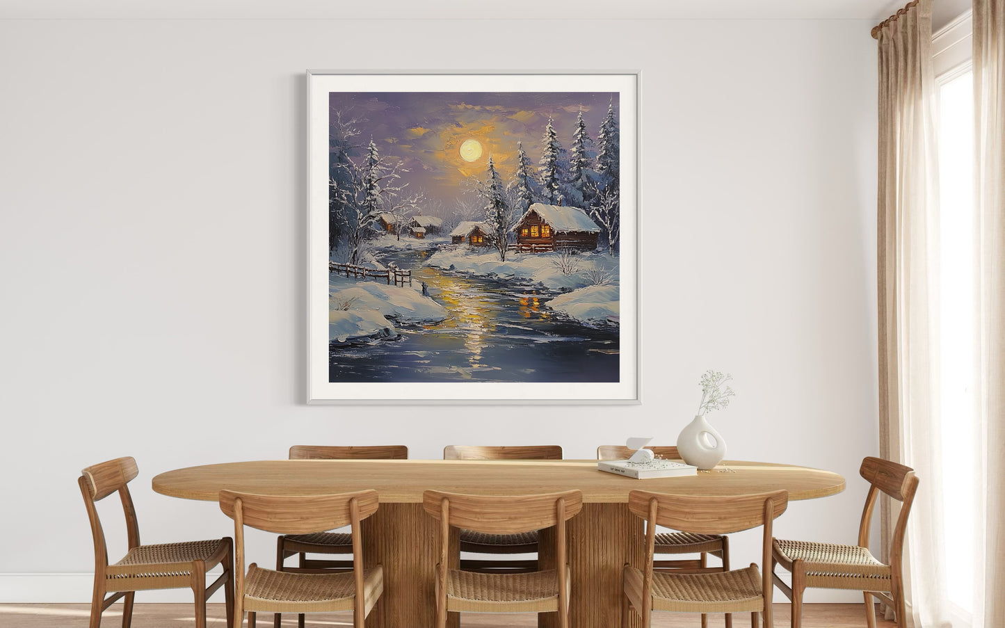 Snowy Sunset Winter Cabin Oil Painting | Cozy Landscape Wall Art | Handmade Canvas for Living Room, Holiday Decor or Gift Idea