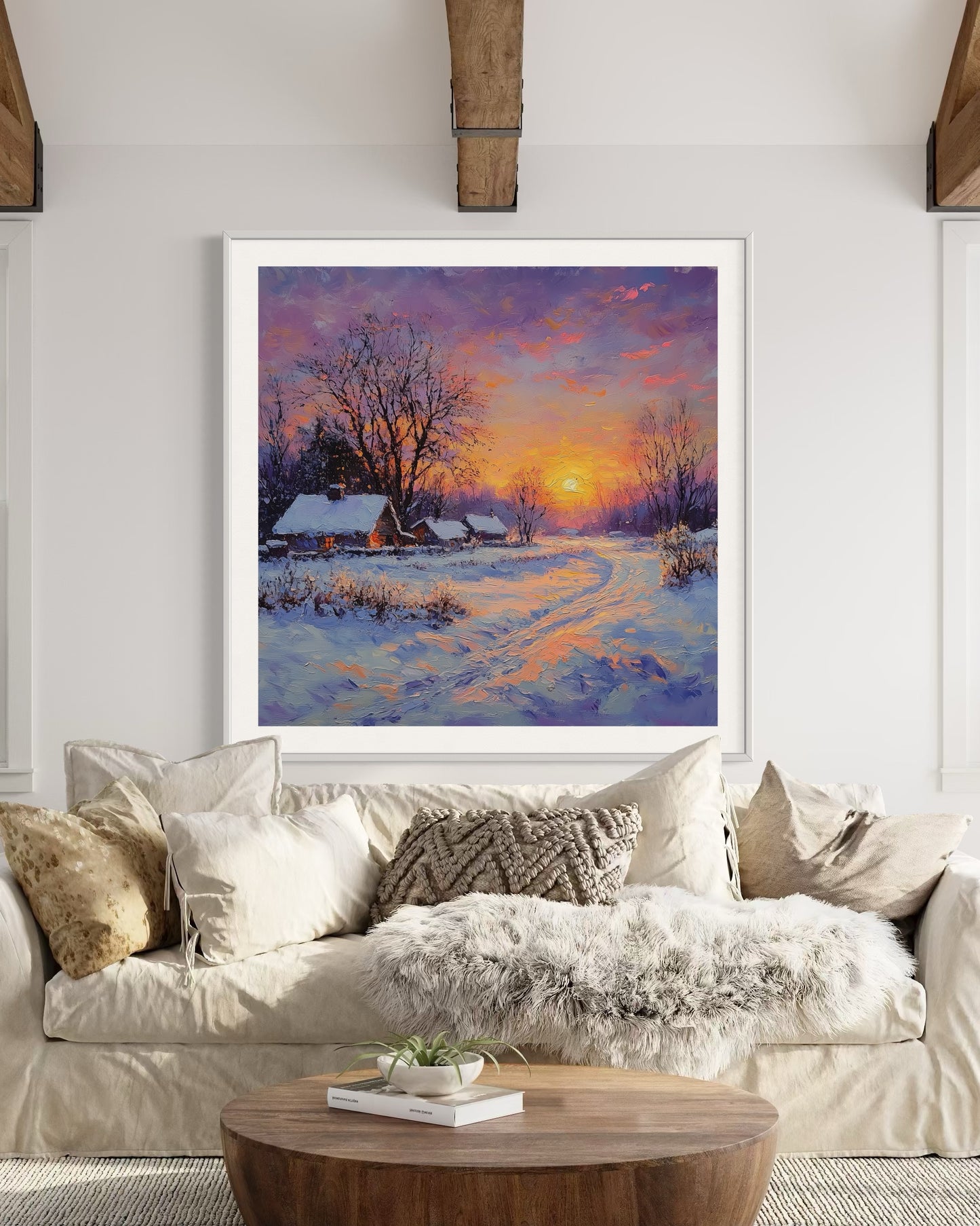 Winter Landscape Oil Painting | Snow Cabin at Sunset Wall Art | Rustic Handmade Canvas for Home Decor & Christmas Gift