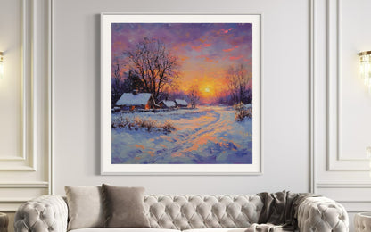 Winter Landscape Oil Painting | Snow Cabin at Sunset Wall Art | Rustic Handmade Canvas for Home Decor & Christmas Gift