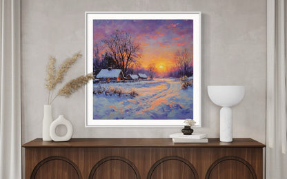 Winter Landscape Oil Painting | Snow Cabin at Sunset Wall Art | Rustic Handmade Canvas for Home Decor & Christmas Gift