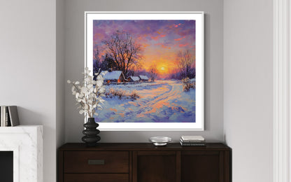 Winter Landscape Oil Painting | Snow Cabin at Sunset Wall Art | Rustic Handmade Canvas for Home Decor & Christmas Gift