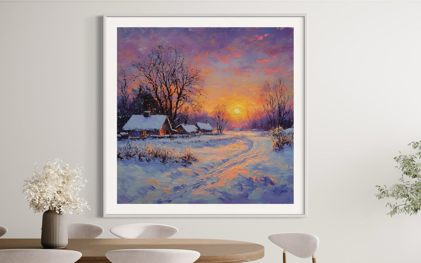 Winter Landscape Oil Painting | Snow Cabin at Sunset Wall Art | Rustic Handmade Canvas for Home Decor & Christmas Gift