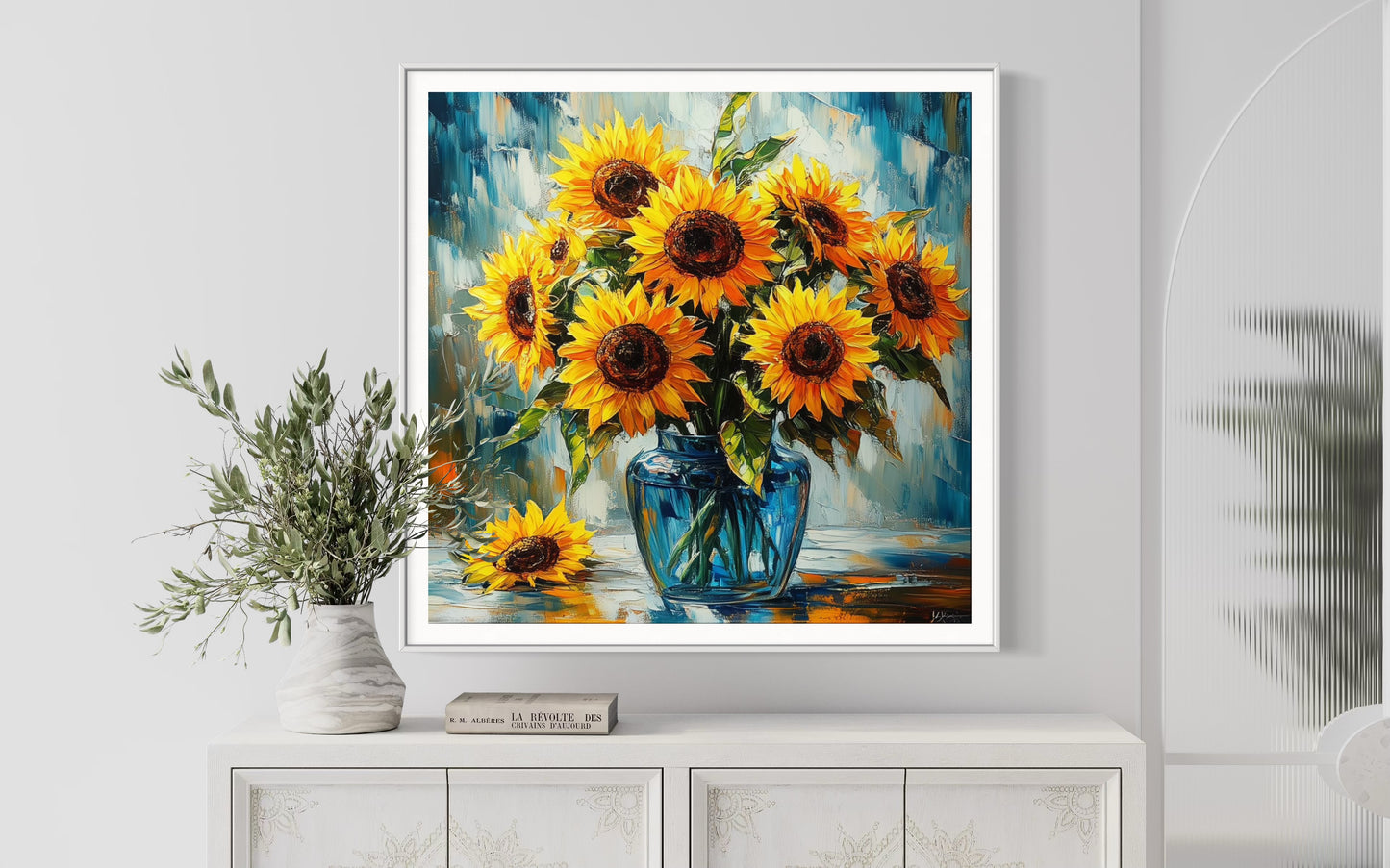 Vibrant Sunflowers in a Blue Vase