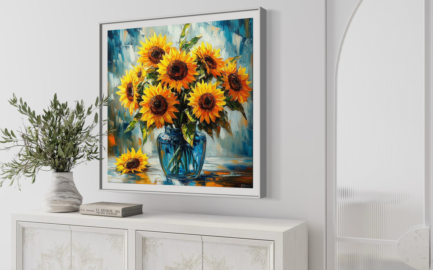 Vibrant Sunflowers in a Blue Vase