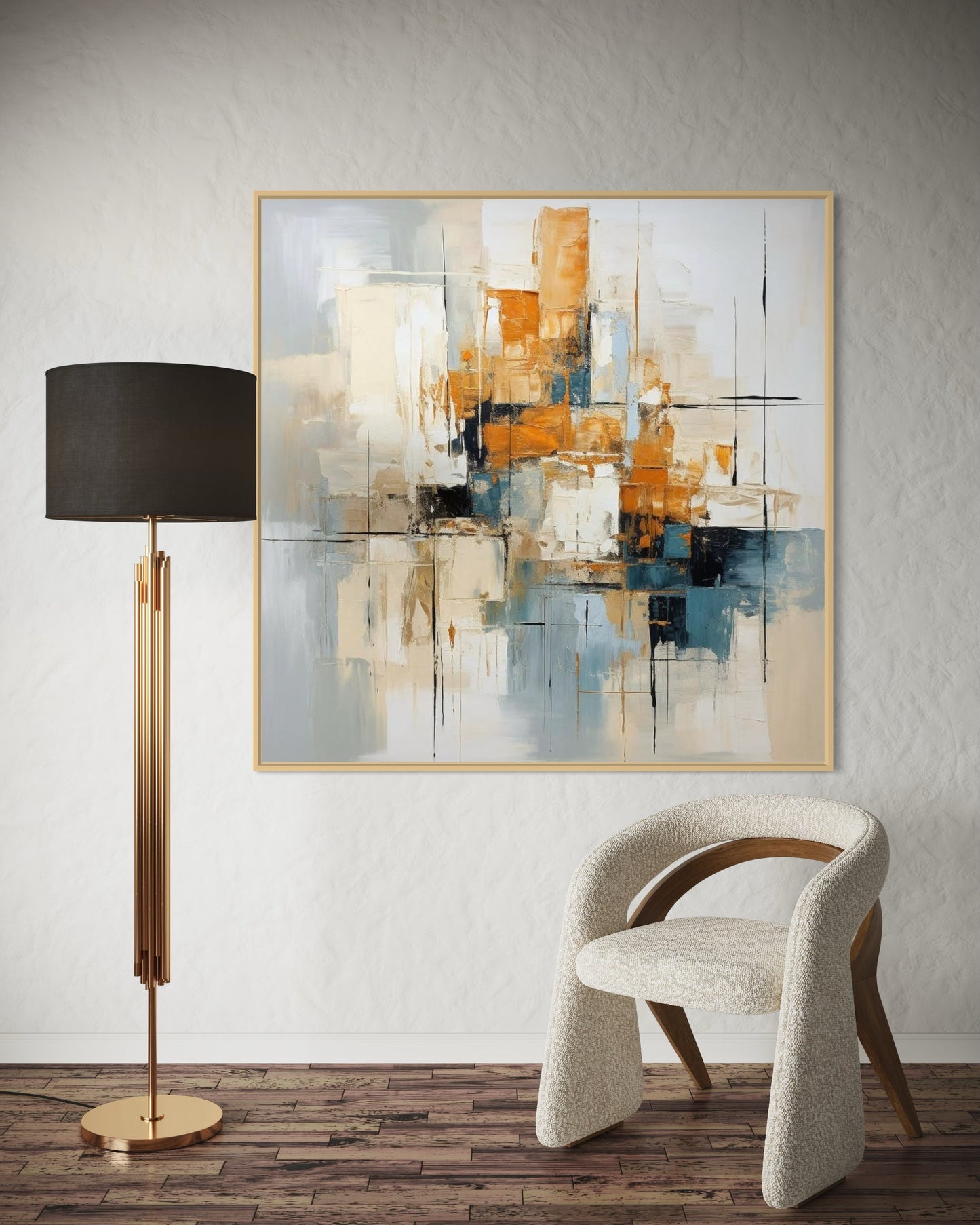 Geometric Gold and Blue Abstract Acrylic Painting