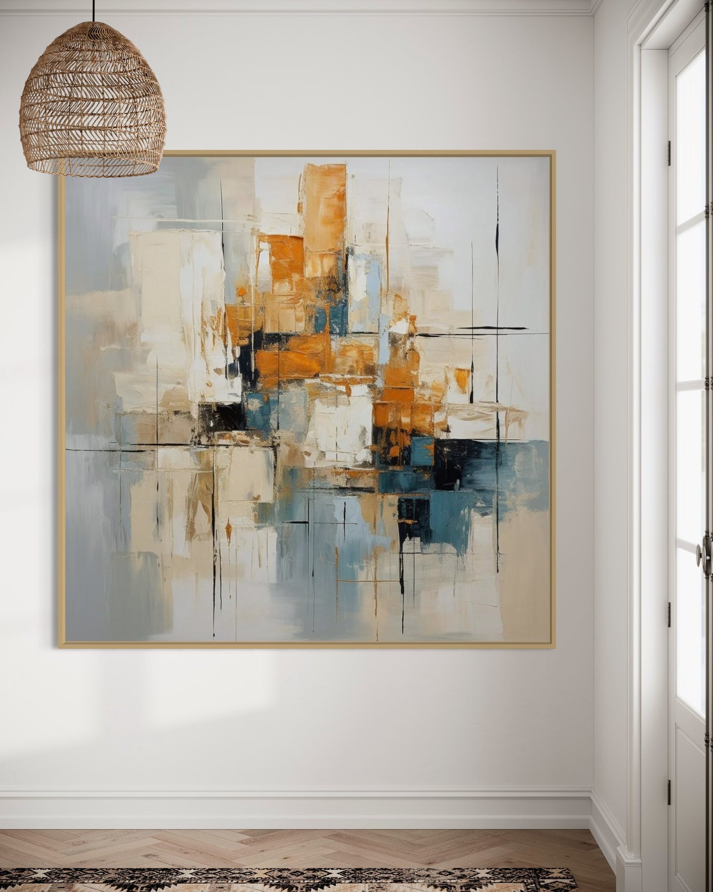 Geometric Gold and Blue Abstract Acrylic Painting