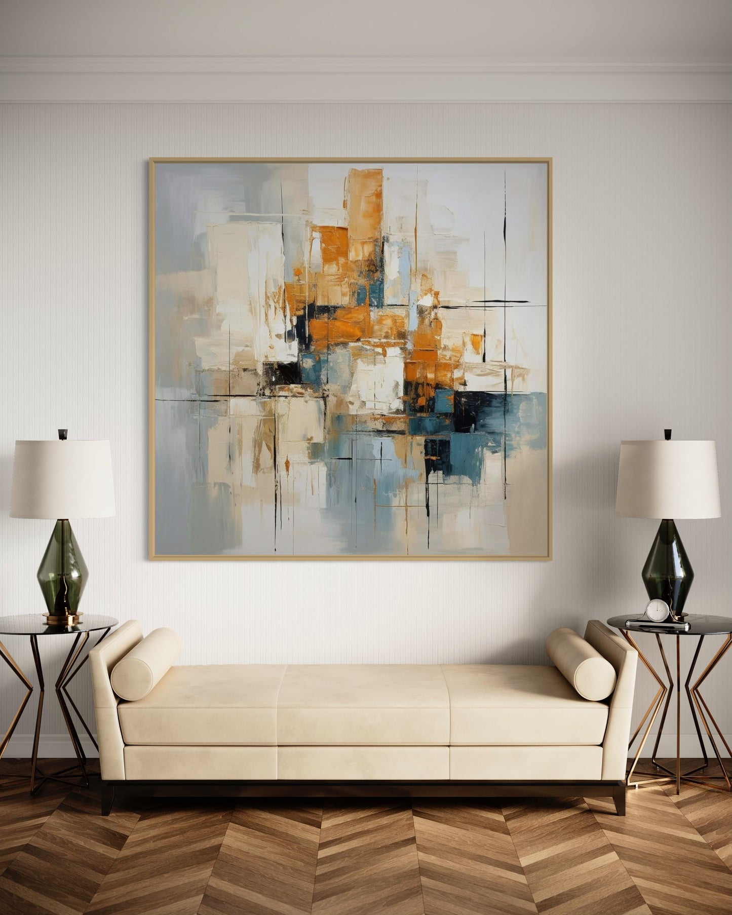 Geometric Gold and Blue Abstract Acrylic Painting