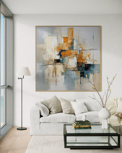 Geometric Gold and Blue Abstract Acrylic Painting