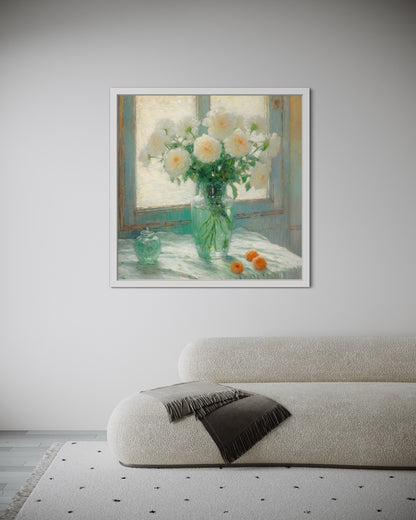 White Roses by the Window - Classic Still Life Oil Painting