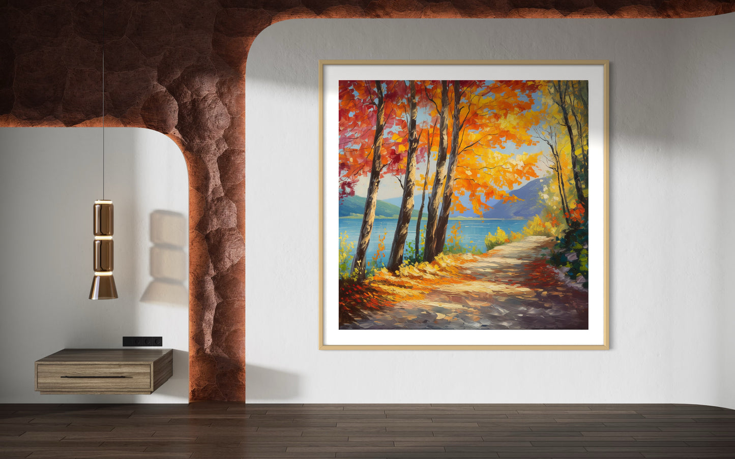 Autumn Lake Path Oil Painting – Scenic Fall Landscape Artwork