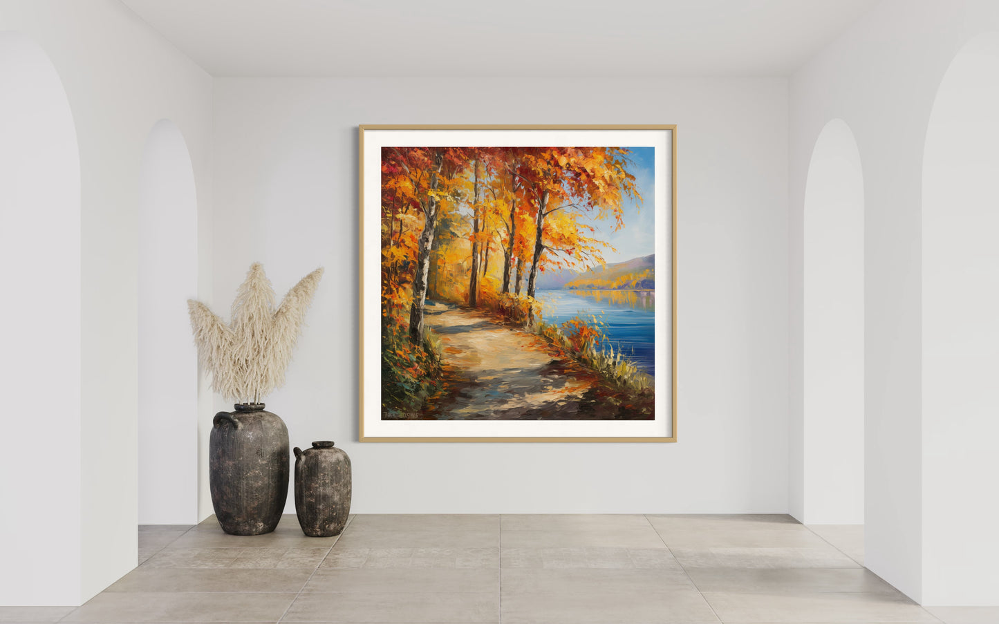 Golden Autumn Walkway by the Lake – Original Oil Painting